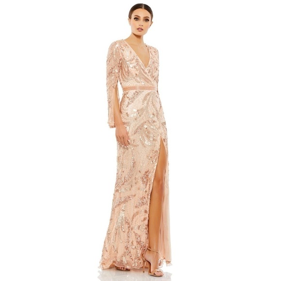 MAC DUGGAL Rose Gold Sequined faux wrap split long sleeve gown 16 NWT - Picture 1 of 16